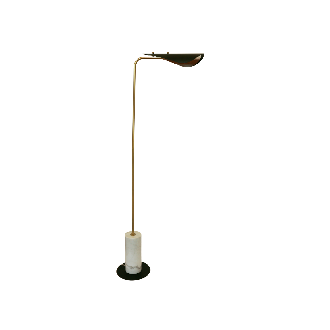 Floor lamp, brass with black metal shade and white marble base